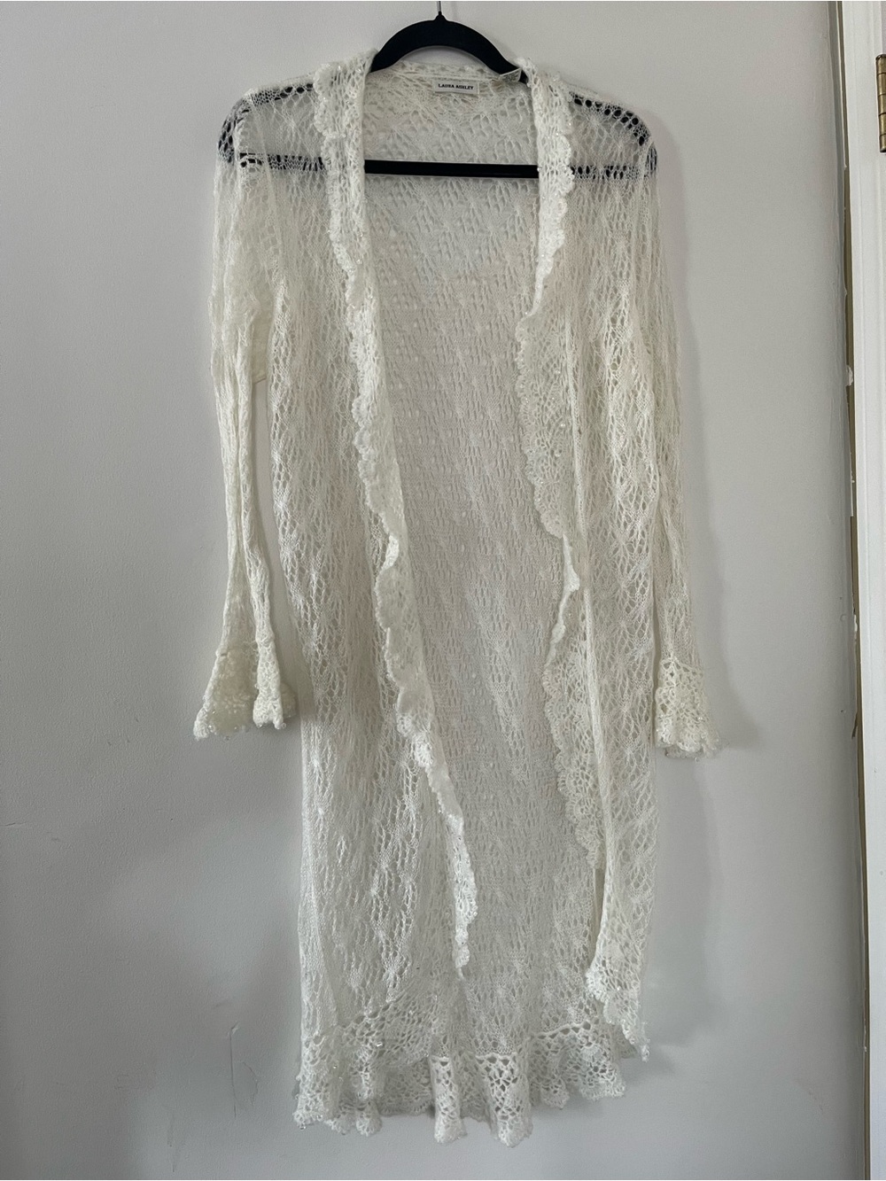 Ivory Pearl Embellished Crochet Knit Cardigan Small Cottagecore Shabby Chic